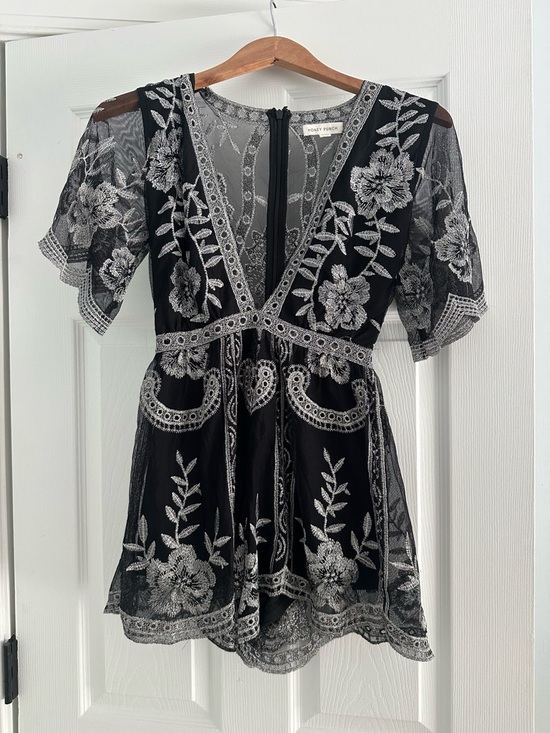 Honey Punch Pants - Honey Punch Black Embroidered Mesh Romper, Boho Lace Sheer Size XS